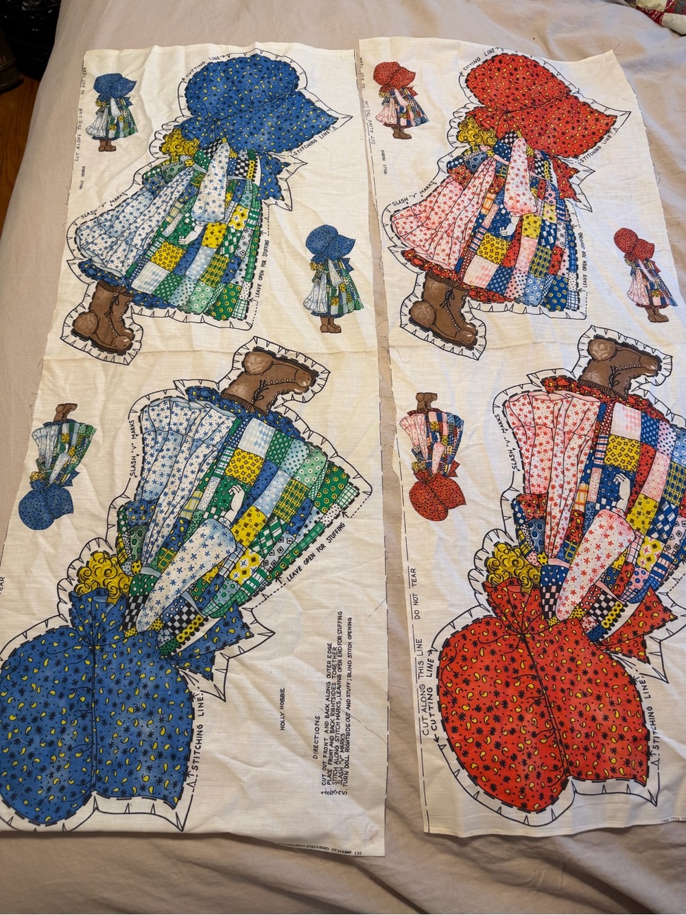 Vintage Pair Blue & Red 1970s Holly Hobbie "cut and sew" Fabric for pillows